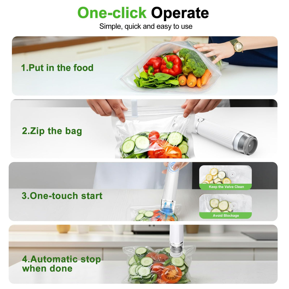 Jexqizy Vacuum Sealer for Food (Compact Vacuum Sealer Machine + 40 Reusable Vacuum Bags), Powerful 80Kpa Portable Vacuum Sealer for 10X Preservation & Fresh, Handheld Vacuum Food saver