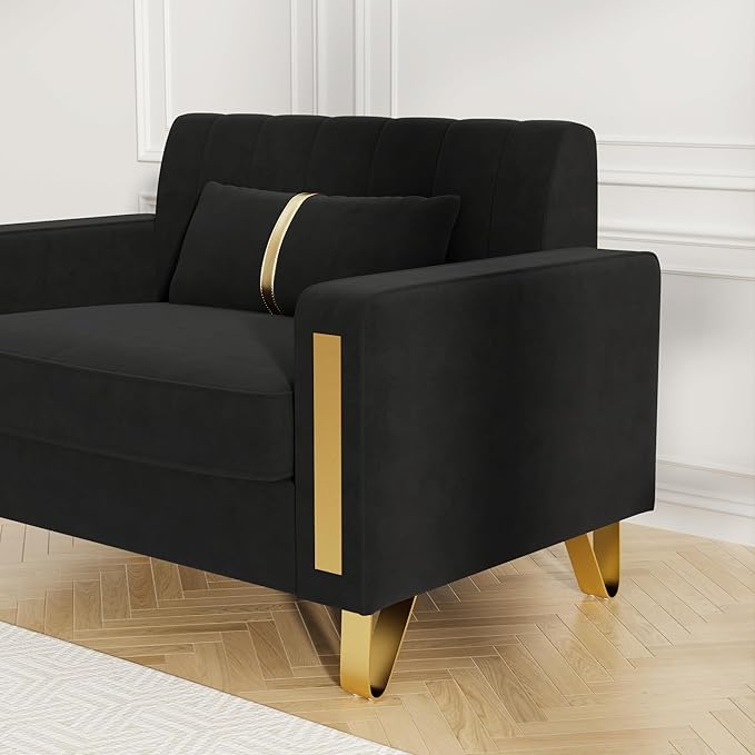 Couch 85.62" 3 Seats Sectional Velvet Fabric Sofa Easy Assemble Sofa Bed with 2 Couch Pillows,Gold Metal Legs for Living Room (P17, Black(3+1+1))