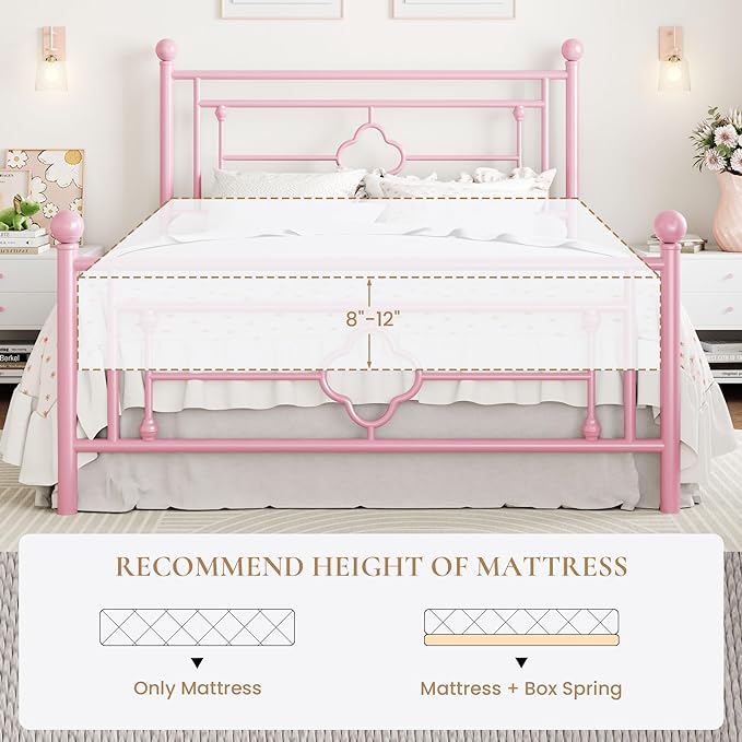 SHA CERLIN 14 Inches Queen Size Metal Platform Bed Frame/Vintage Iron-Art Headboard and Footboard/Mattress Foundation for Storage/No Box Spring Needed/Noise-Free/Easy Assembly/Pink
