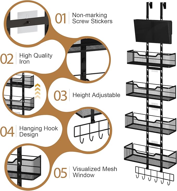 Adjustable Over The Door Organizer, Metal Hanging Door Storage with 4 Metal Baskets and PVC Pocket, Closet Door Organizer for Bathroom Bedroom Cabinet, Black