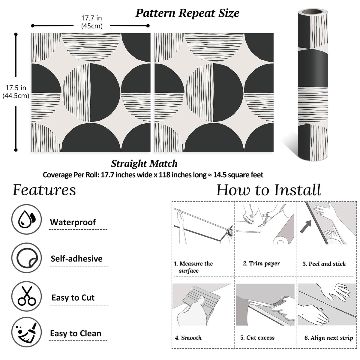VEELIKE Abstract Circle Geometric Peel and Stick Wallpaper Modern Black Mid Century Wallpaper for Bedroom 17.7''x118'' Self Adhesive Geometric Wall Paper Removable Contact Paper for Cabinets Walls