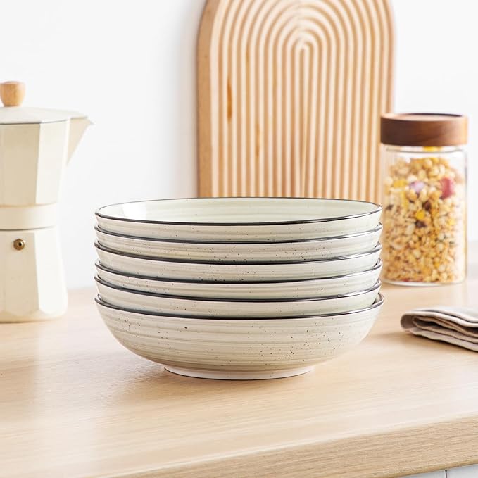 vancasso Bonbon Pasta Bowls Set of 6, 38 Oz Ceramic Salad Bowls, Wide and Shallow Bowls Set, Large Serving Bowls for Kitchen, Beige