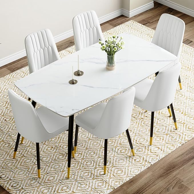 7 Piece Modern Dining Set, 62'' Sintered Stone Dinner Table for 6, 6 Chairs, Easy to Assemble