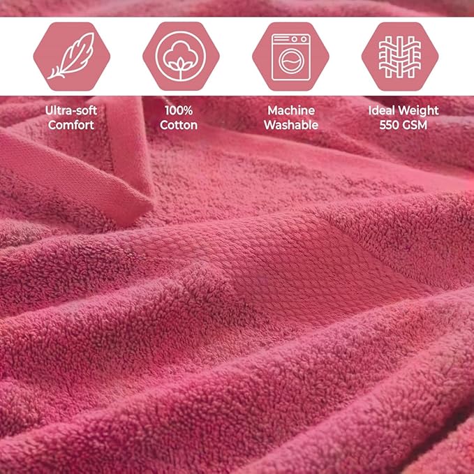 Pack of 8 Towels Set, 2 Large Bath Towels, 2 Hand Towels, 4 Wash Cloths, 100% Cotton, Lighter Weight, Quicker to Dry, Super Absorbent, Perfect for Bathroom (Pink)