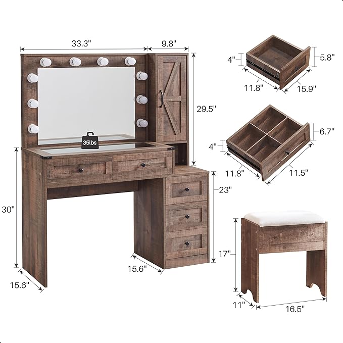 JXQTLINGMU Farmhouse Vanity Makeup Desk with Charging Station, 43" W Vanity Desk with Lights Mirror and Drawers for Makeup, Big Modern Makeup Table Set with Stool for Bedroom, Light Brown