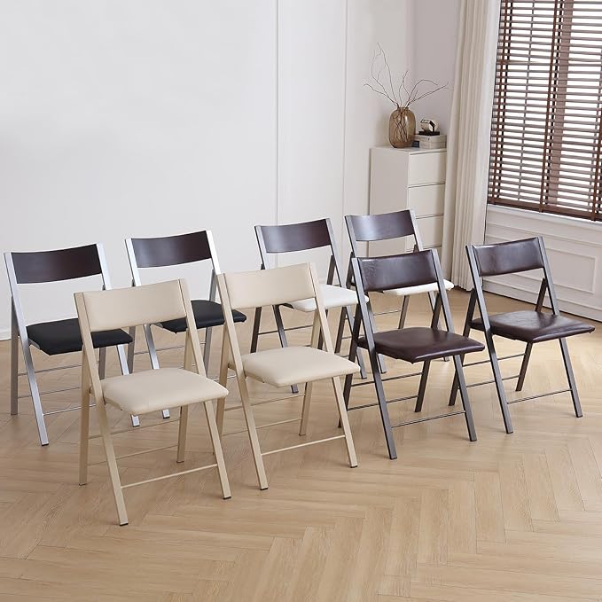 Folding Chairs with Cushion 2 Pack - Heavy Duty Steel Frame Foldable Dining Chairs, Waterproof Leather Indoor Outdoor Comfortable Folding Chairs for Home, Conference Rooms, Weddings, Events (Wood)