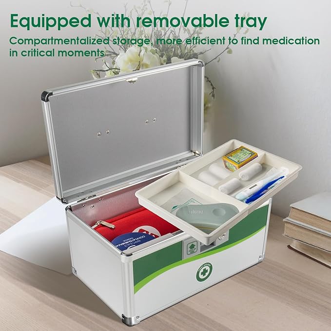 Medicine Lock Box, First Aid Safe Medication Storage Box, Layered Aluminum Daily Medicine Lockable Box with Key (Large)