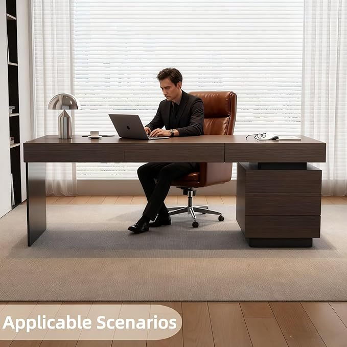 Modern Executive Desk with Drawers 55.11IN(Storage Base)(Wooden Texture) Home Office Desks Include Multi-Function Socket,Large Desktop