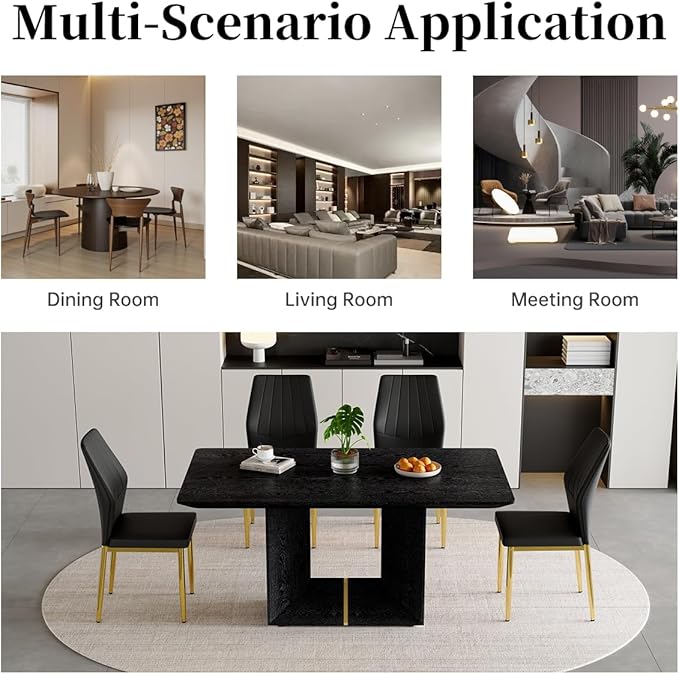 63" Modern Black Dining Table Set for 6 with Chairs, 7 Piece Rectangular Dining Room Table and 6 PU Leather Chairs, Kitchen Dining Set with Matte Wood Finish, Geometric Base, Easy Assembly