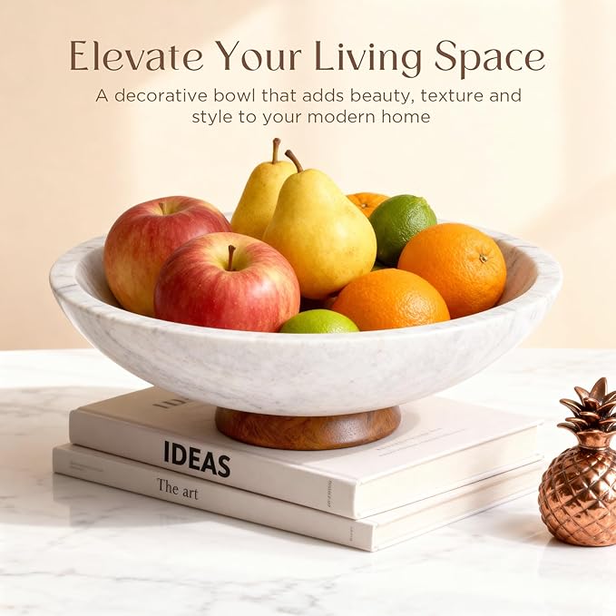 Gray Marble Fruit Bowl with Acacia Wood Pedestal, Large Decorative Footed Bowl, Natural Stone Centerpiece for Kitchen Counter, Entryway, Keys, Dining Table, House Warming Gifts New Home(11Inch)
