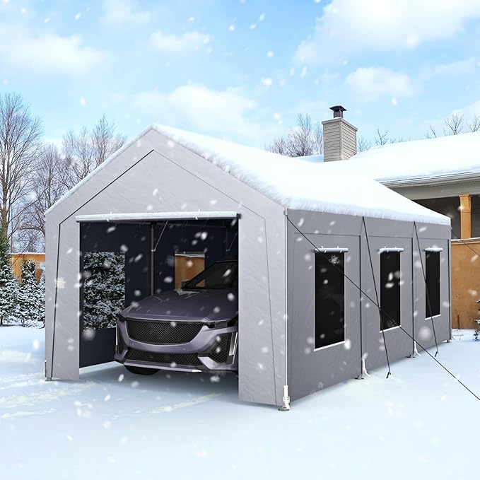 Carport 10x20 ft Heavy Duty, Car Port with Reinforced Steel Frame and 6 Roll-up Windows, Portable Garage with Sturdy Ground Nails, Waterproof All-Season Car Canopy for Boat, Truck, Grey