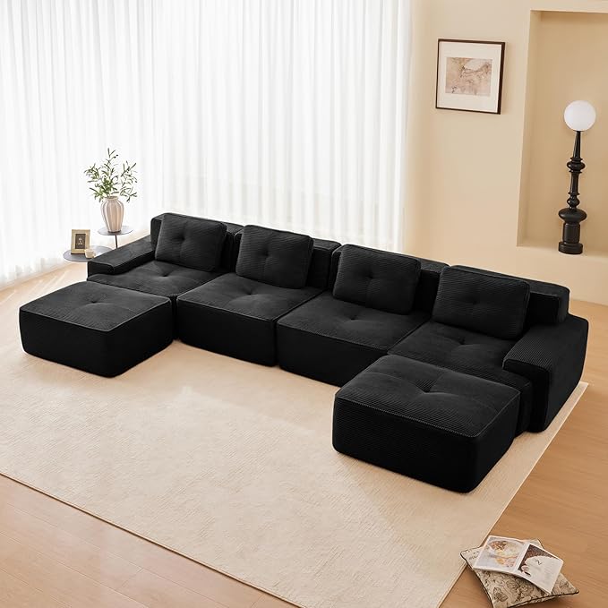 Black Ottoman for Modular Sectional Sofa, Corduroy Deep Seat for Oversized Compressed Boneless Sectional Couches for Living Room Bedroom Apartment, Cloud Sofa Couch, Memory Foam, No Assembly