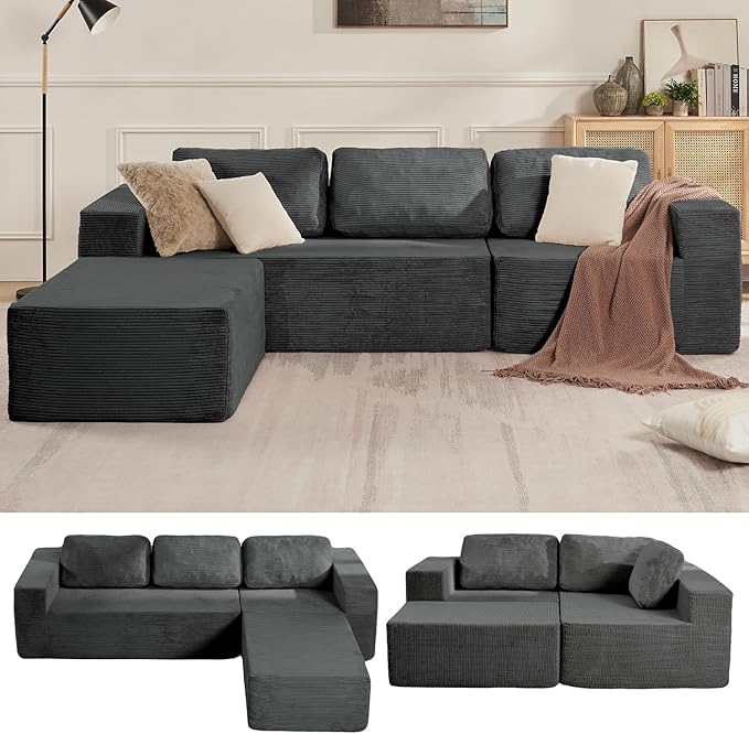 Loveseat Sofa, Cloud Modular Sofa Couch, Upholstered Floor Sofa with Deep Seat, Upholstered Foam Couch for Bedroom Living Room, No Assembly Required (Corduroy Fabric, Grey)