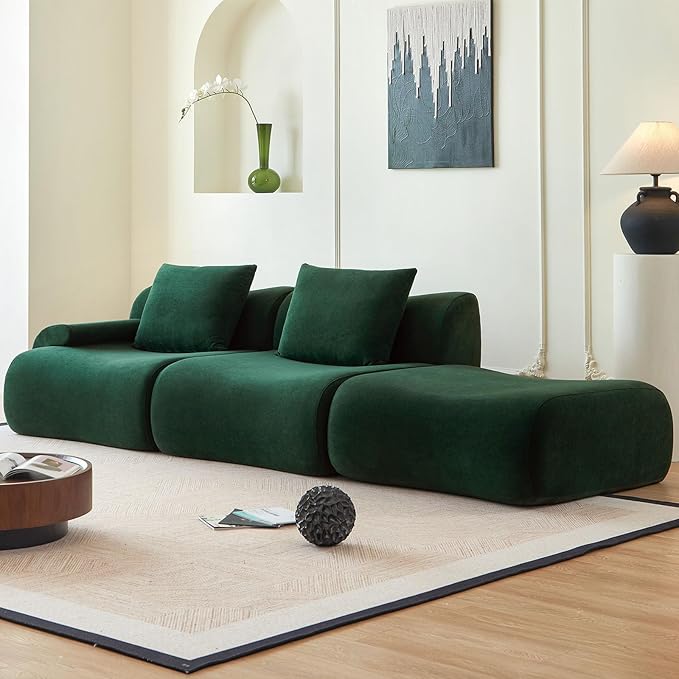 Modular L Shaped Sectional Couch, 114" Boneless Couches for Living Room with Deep Seat, Modern Lounge Sofa Sectional Sofa with Convertible Ottoman, Green Cloud Couch - No Assembly Required
