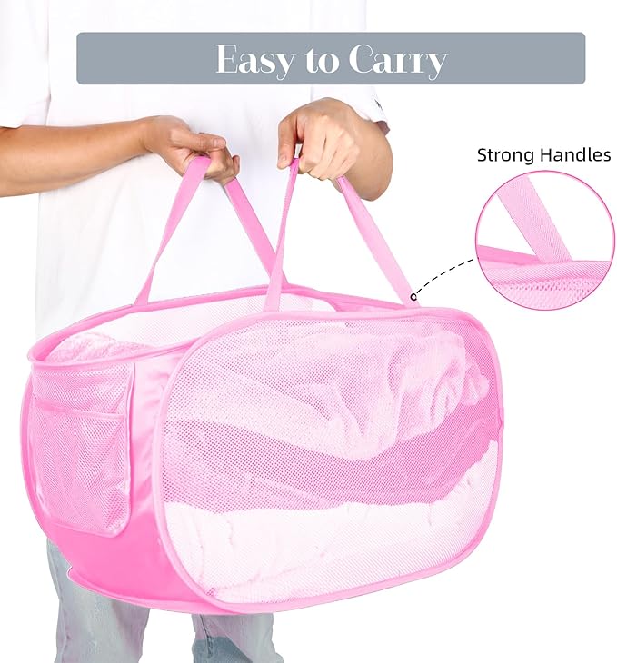 Durable Collapsible Laundry Baskets, Mesh Pop Up Laundry Hamper with Side Pocket, Foldable Clothes Storage Hamper with Reinforced Carry Handles for Laundry, Bathroom, Kids Room, Dorm or Travel Pink
