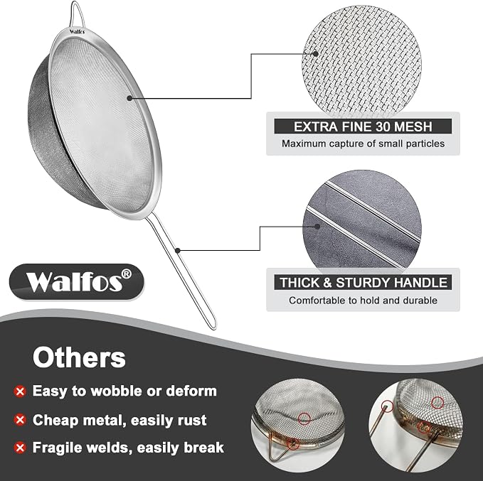 Walfos Fine Mesh Strainer Set of 3, Stainless Steel Wire Strainers