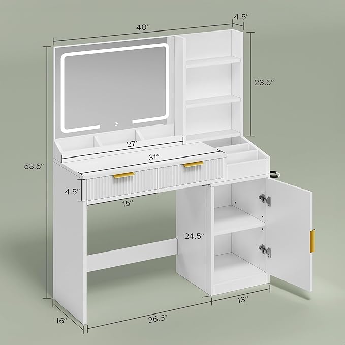 DWVO Fluted Makeup Vanity Desk with Large 27" Mirror and Lights, Modern Big Makeup Table with Power Outlet, 11 Shelves & 2 Drawers, 3 Color Lighting Modes, Dressing Table Vanity Set for Bedroom, White