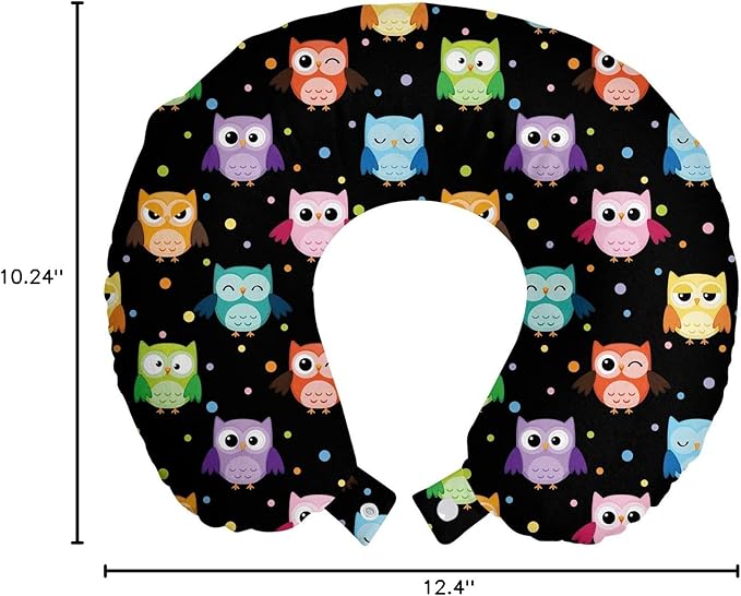 Ambesonne Owls Travel Pillow Neck Rest, Colorful Birds with Different Expressions Funny Confused Serious Characters Dots, Memory Foam Traveling Accessory for Airplane and Car, 12", Black Multicolor