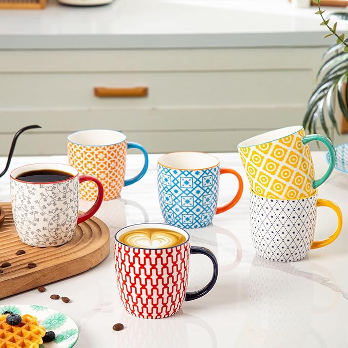 Ceramic Coffee Mugs Set - 10 Oz Large Porcelain Tea Cups with Handle for Milk Cappuccino Latte Tea Cocoa - Microwave Dishwasher Safe - Christmas Housewarming Gift -Set of 6 - Assorted Colors