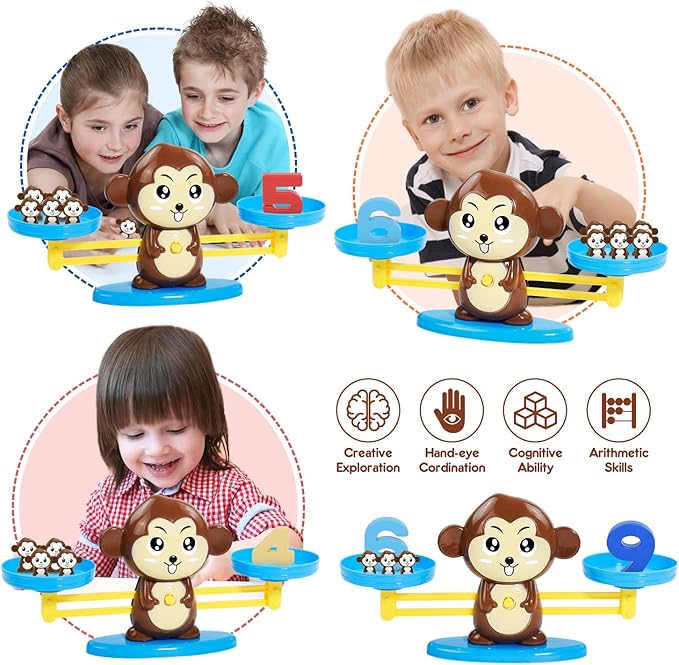 BAKAM Monkey Balance Scale Toy, Number Counting Blocks Games, Montessori Math Games for Kids 5-7, Preschool Kindergarten Learning Activities, STEM Educational Toys for 3+ Year Old