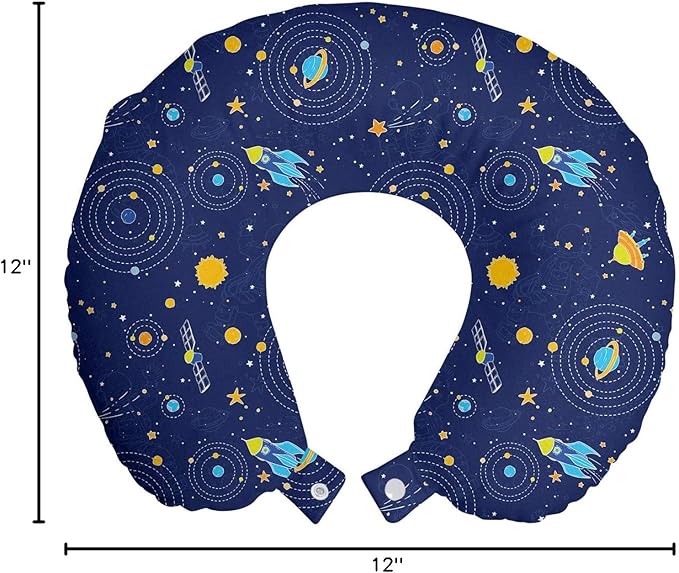 Ambesonne Space Travel Pillow Neck Rest, Galaxy Shooting Stars Planets Spaceship Comet Moon Fantasy, Memory Foam Traveling Accessory for Airplane and Car, 12", Orange Blue