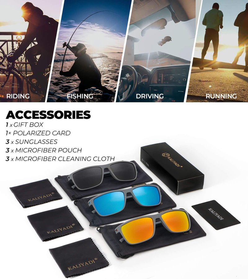 KALIYADI Polarized Sunglasses Men, Lightweight Mens Sunglasses Polarized UV Protection Driving Fishing Golf (Frame Grey|Lens Black/Ice Blue/Red)