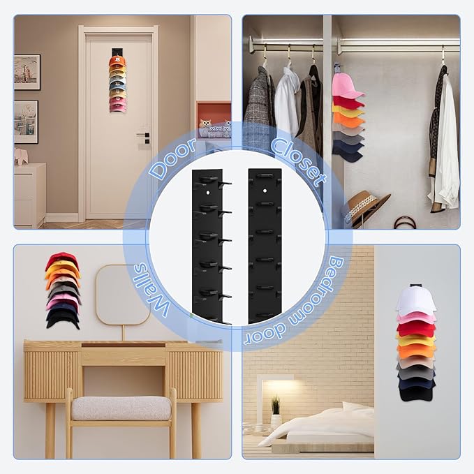 Hat Organizer for Baseball Caps, 1 Pack Hat Rack for Wall Hold up to 18 Hats Strong Adhesive Hat Hooks Stand Multilayer Hat Hanger Organizer Storage Holder Display for Door Closet Bedroom(Black)