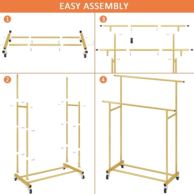 Calmootey Double Rod Clothing Garment Rack,Rolling Hanging Clothes Rack,Portable Clothes Organizer for Bedroom,Living Room,Clothing Store,Gold