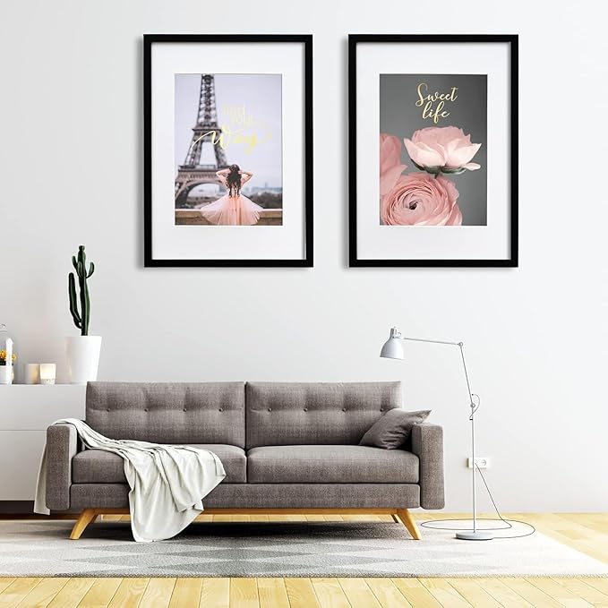 Egofine A2 Solid Wood Picture Frame, Made of Solid Wood Covered by Plexiglass A3 with Mat 16.5 x 23.4 without Mat, Poster Frame for Wall Mounting Hanging Photo Frame Vertically or Horizontally, Black