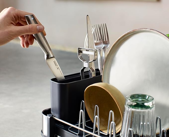 Joseph Joseph Extend Slim Steel Expandable Dish Drying Rack with Removable Cutlery Holder and Swivel Draining Spout, Compact Design, Grey