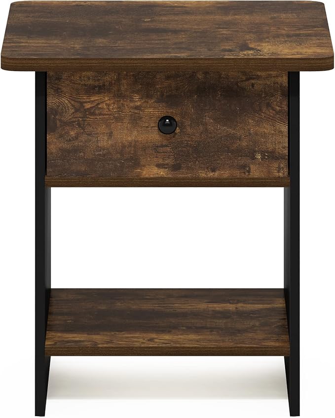 Furinno Dario End Table/ Night Stand Storage Shelf with Bin Drawer, Amber Pine/Black, 1-Pack, Upper Bin