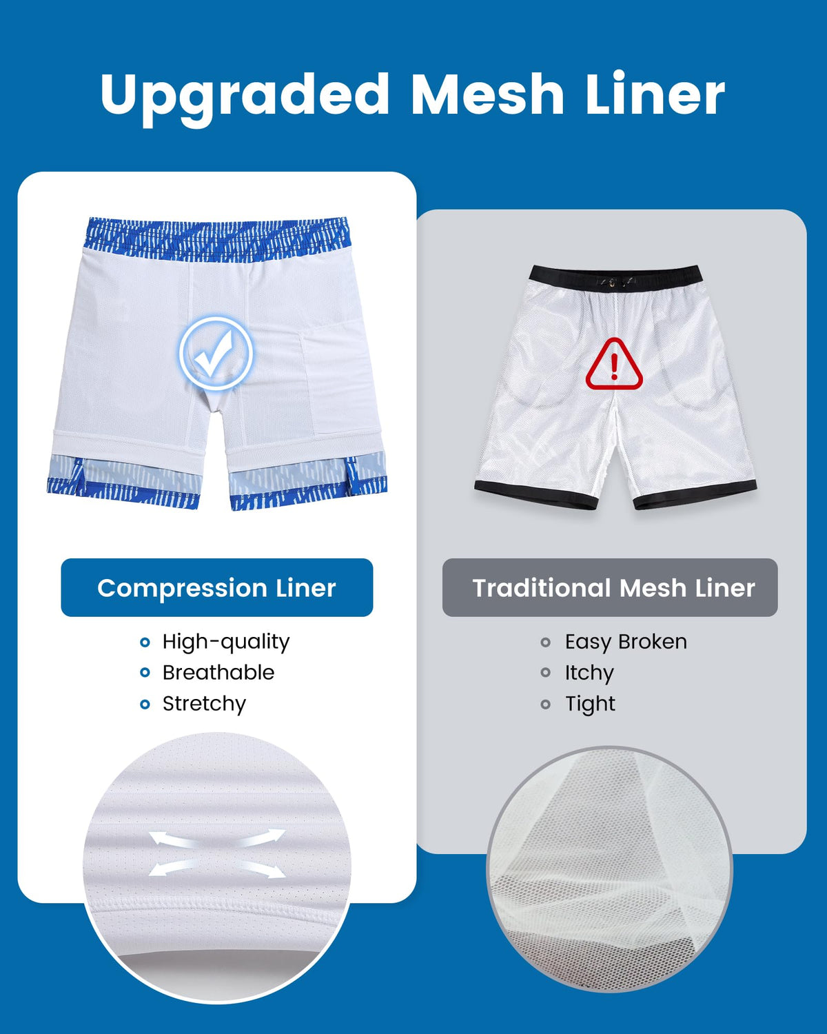 maamgic Mens Swim Trunks with Compression Liner 7 Inch Inseam Mens Bathing Suit Quick Dry Swimming Trunks Swimsuit Geometric Stripes Blue and White Large