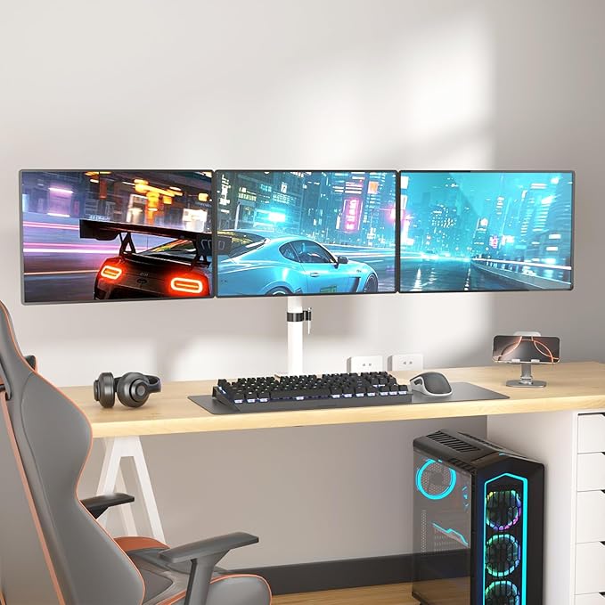 WALI Triple Monitor Mount, Three Monitor Desk Mount Fits 13-27in Screens, Holds up to 22lbs, Multiple Computer Stand with Tilt, Swivel, Rotation, VESA 75x75,100x100mm(M003S-W), White