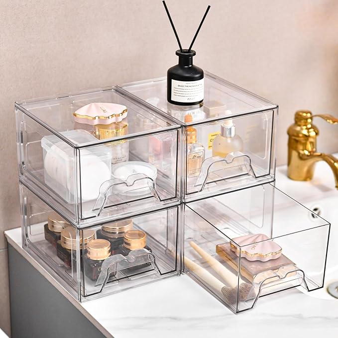 Plastic Drawers Storage, 4 Pack Clear Stackable Storage Drawers, Acrylic Storage Bins with Drawers for Fridge Organizers, Small PlasticDrawers Stackable for Makeup Organizers Cosmetic Display