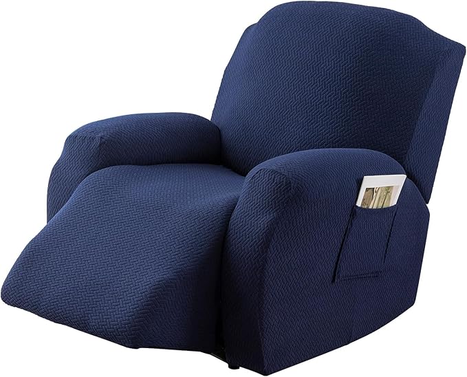Genina Recliner Chair Covers, Stretch Reclining Chair Cover, Recliner Sofa Slipcovers Stripe Jacquard Lazy Couch Covers Furniture Protector Covers for Pet Kid (Navy Blue, 1 Seat)