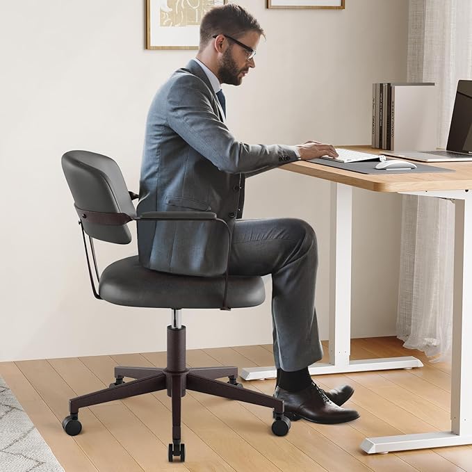 Home Office Desk Chair, Mid-Century Style Desk Chair with Padded Arms, Adjustable Seat Height, Mid Back 360° Small Computer Chair with Mobile Mute Wheel, PU Leather (Black)