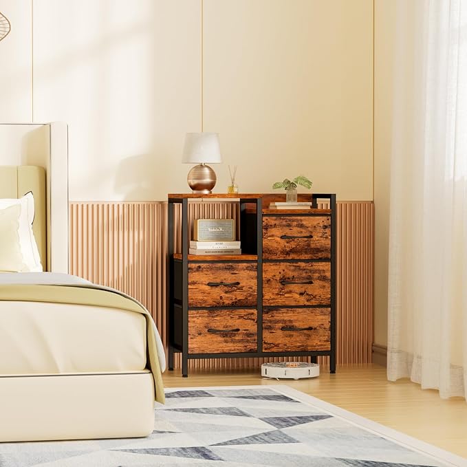 Furnulem 5 Drawer Rustic Brown Dressers for Bedroom 2 Tier Shelf Storage Small Fabric Dresser for Closet Sturdy Metal Frame Modern Style Storage Cabinets Organization Units for Hallway Rooms