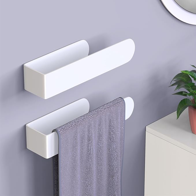 HUFEEOH 2 Pack Adhesive Hand Towel Holder, Kitchen Towel Rack Towel Bars Wall Mounted, Stainless Steel Bath Towel Hanger for Bathroom Hotel Kitchen (White, 8 Inch(2PC))