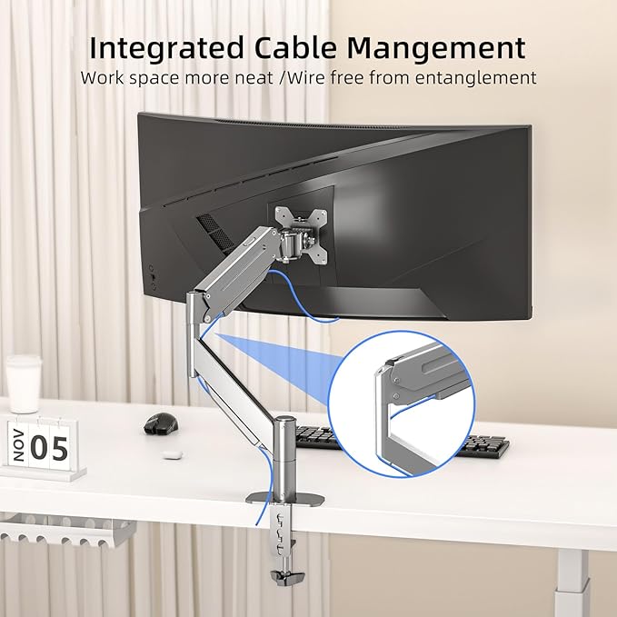 Suptek Ultrawide Monitor Arm Mount for 17 to 49 Inch Heavy Duty Curved Screen,Holds 46.2 lbs,Adjustable Gas Spring Monitor Arm Desk Mount Stand,75/100 Vesa Mount,Silver(MD71LS)