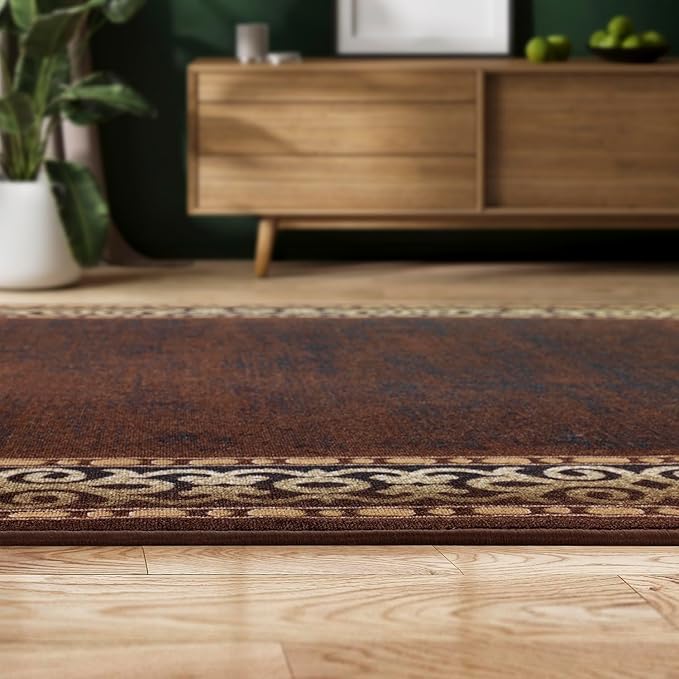 Antep Rugs Alfombras Bordered Modern 5x7 Non-Slip (Non-Skid) Low Pile Rubber Backing Indoor Area Rug (Brown, 5' x 7' Oval)