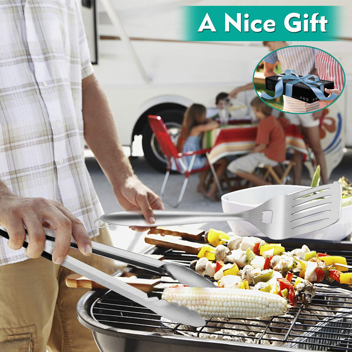 HaSteeL Grilling Utensil Set 18in, Stainless Steel BBQ Accessories Tools with Bag for Outdoor Cooking Camping, Heavy Duty Grill Spatula, Tong, Meat Fork, Basting Brush, Cleaning Brush, Man’s Gift