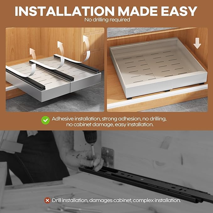 2Pack Expandable Pull Out Cabinet Organizer 21"Deep With Raising Pad for Framed Cabinets, Upgrade 3 Slide Rails Slide Out Drawers,Roll Out Shelves Adhesive,Adjustable Width 12.05"-20.4"Silver
