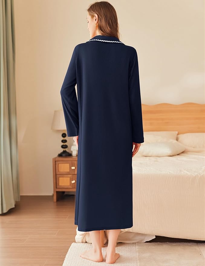 Ekouaer Zipper Robes for Women Long Waffle Knit Bathrobe Lightweight Long Sleeves Robe Soft Sleepwear with Pockets S-XXL
