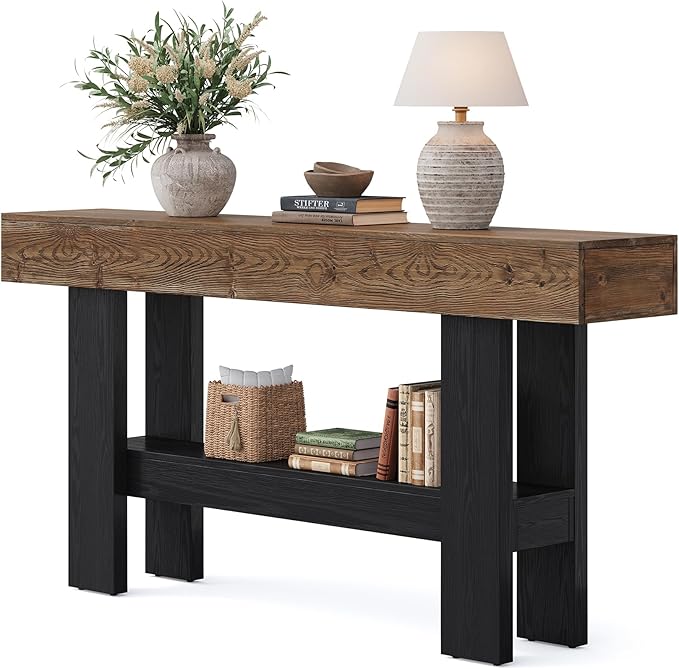 Solid Wood Black Console Table for Entryway, 63-Inch Long Narrow Sofa Table Behind Couch with Storage Shelf for Living Room, Hallway, Foyer, Entrance, Rustic Brown + Black