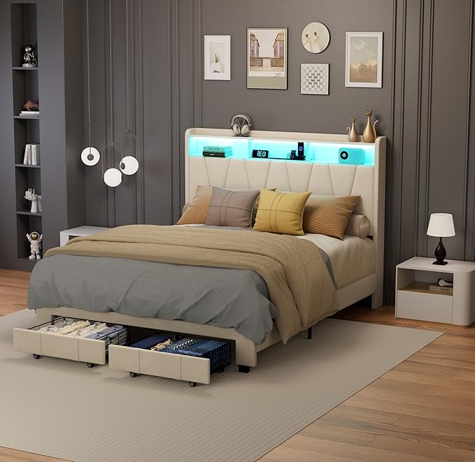 Queen Bed Frame, Velvet Upholstered LED Platform Bed with Headboard Storage, Queen Bed Built-in Charging Station with 2 Drawers, Wood Slat Support, No Box Spring Needed, Beige