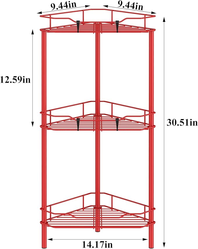 3 Tier Floor Standing Corner Shower Caddy Organizer Shelf with Hooks, Bathroom Shelves Stand Rack, Red