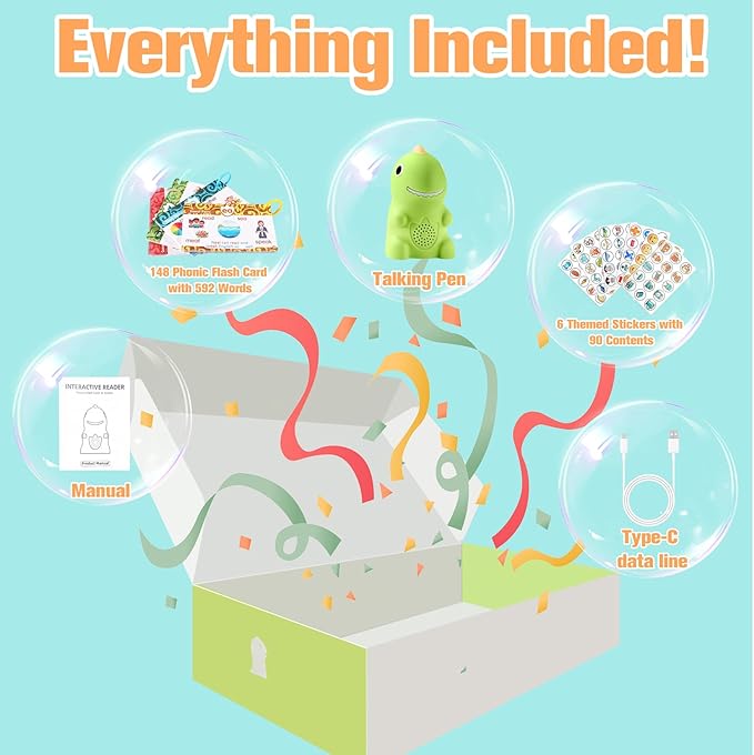 Phonics Flash Cards with Talking Pen for Homeschool Essentials -Hooked on Phonics Games for Kids Ages 4-8 Kindergarten Preschool Learning Activities, Interactive Dinosaur Learn to Read from 21 Stages
