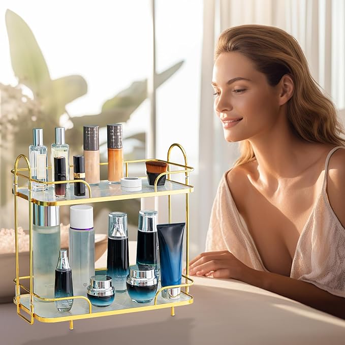 2 Tier Corner Bathroom Counter Organizer, Cosmetic Skincare Organizer, Bathroom Countertop Perfume Tray Vanity Organizer, Kitchen Spice Corner Storage Shelf | Bathroom Countertop, Perfume Tray, Vanity Organizer, Kitchen Spice