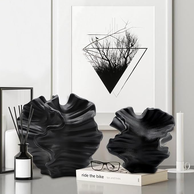 Ceramic Vase - Set of 2 for Home Decor,Black Flower Shape Pampas Vases Minimalist Nordic Boho Style for Modern Farmhouse Decor, Living Room、 Kitchen、Mantle、Bedroom、Dining Table、Office