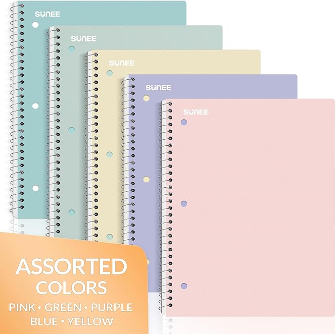 SUNEE Spiral Notebooks, 1-Subject, 5 Pack, College Ruled Paper, 8" x 10-1/2", 70 Sheets per Notebook,3-Hole Punched Paper, Pink,Purple, Blue, Green, Yellow Spiral Lined Notebooks for School,Work